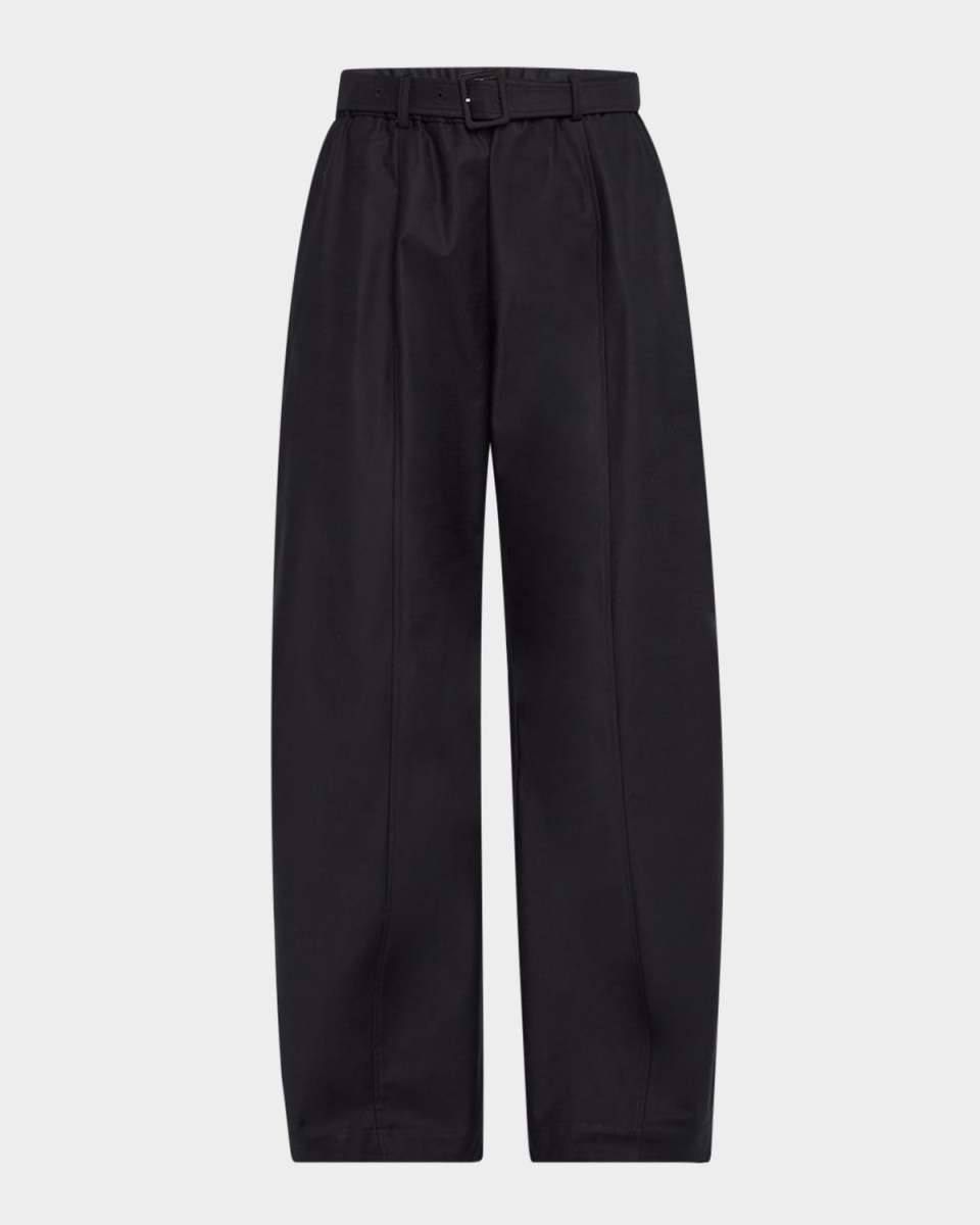 Belted Stretch Cotton Shantung Straight-Leg Pants